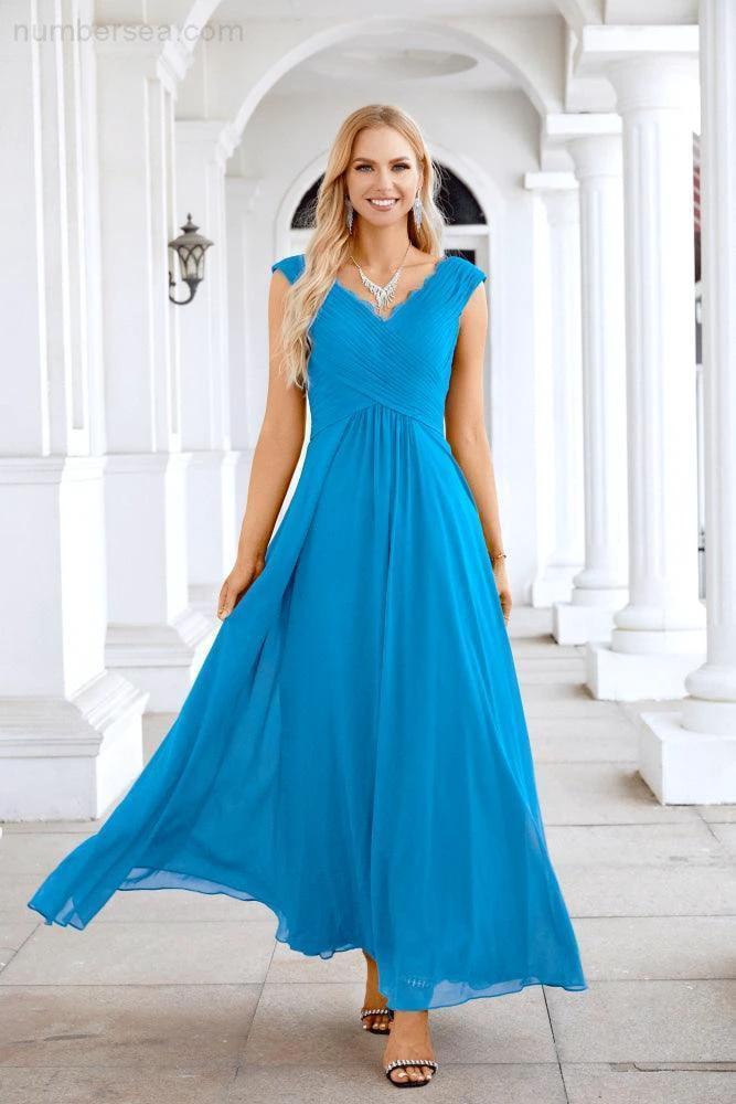 Ladies Chiffon V Neck Sleeveless Floor Length Bridesmaid Evening Dress Wedding Party Evening Dress 28126 (ZD16989)