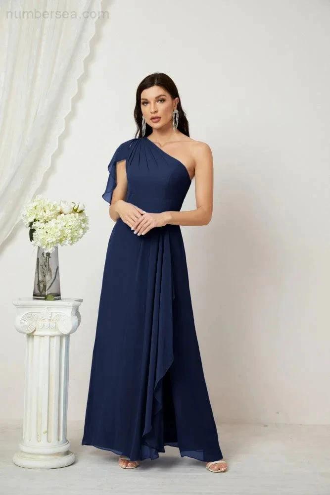 ZapDress Chiffon Ruffled One Shoulder Long Bridesmaid Dresses A-line Formal Evening Gown Side Split 2809 (ZD17049)
