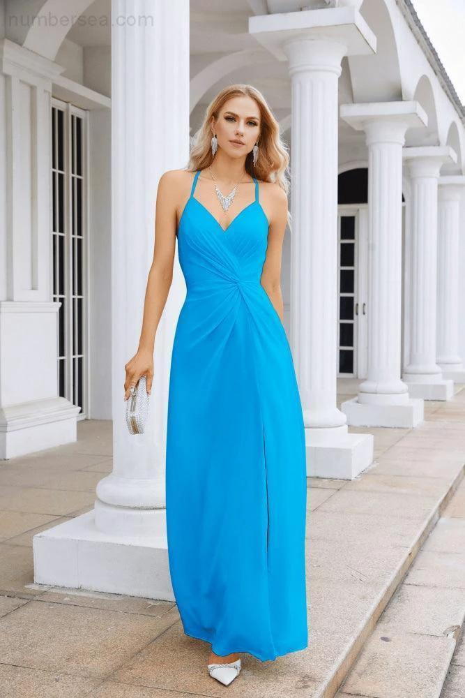 Ladies Chiffon Spaghetti Strap V Neck Front Slit Floor Length Bridesmaid Evening Dress Prom Party Wedding Evening Dress 28116 (ZD17012)