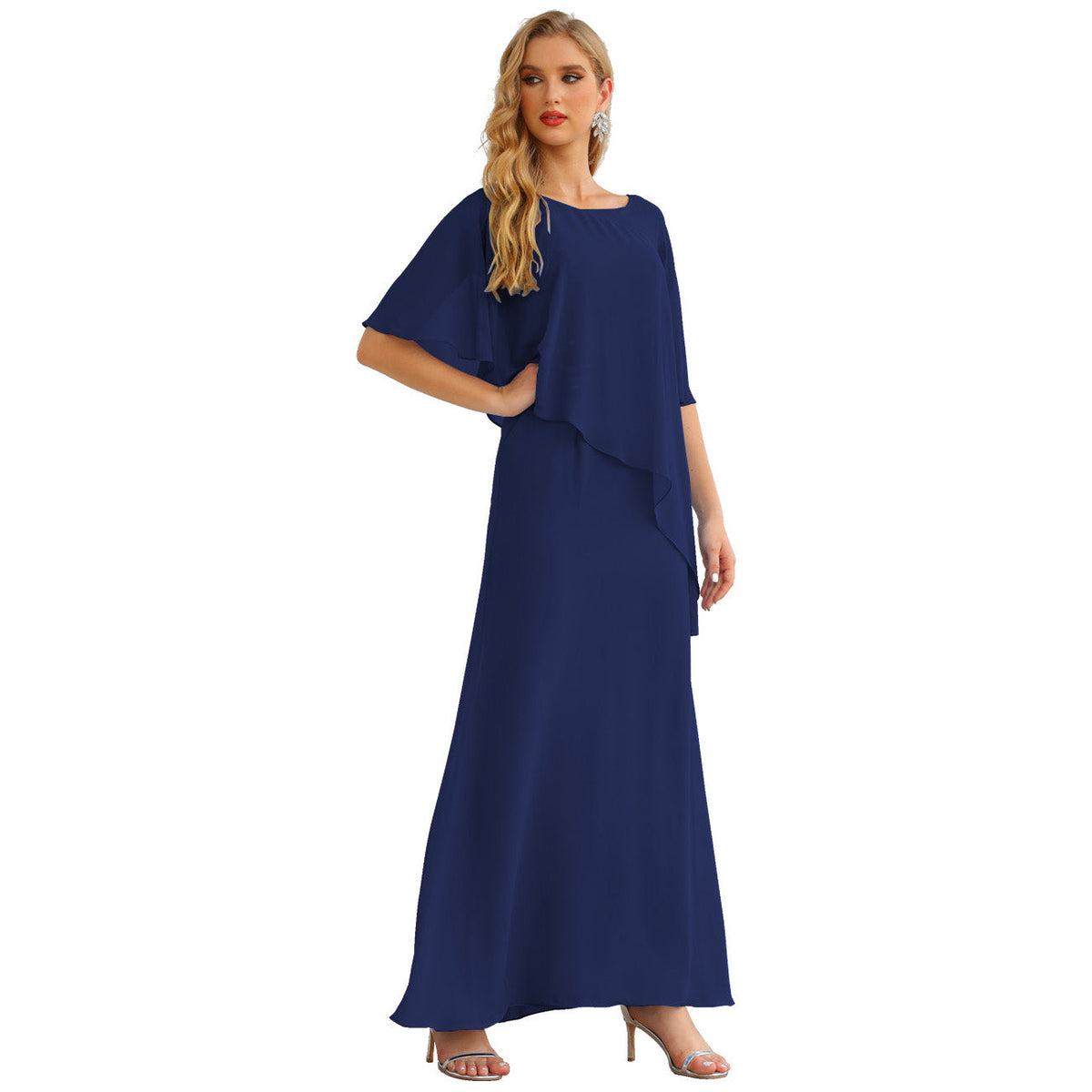 Sunnderly Chiffon Plus Size Mother of The Bride Dresses Formal Prom Gown Ruffle Cape