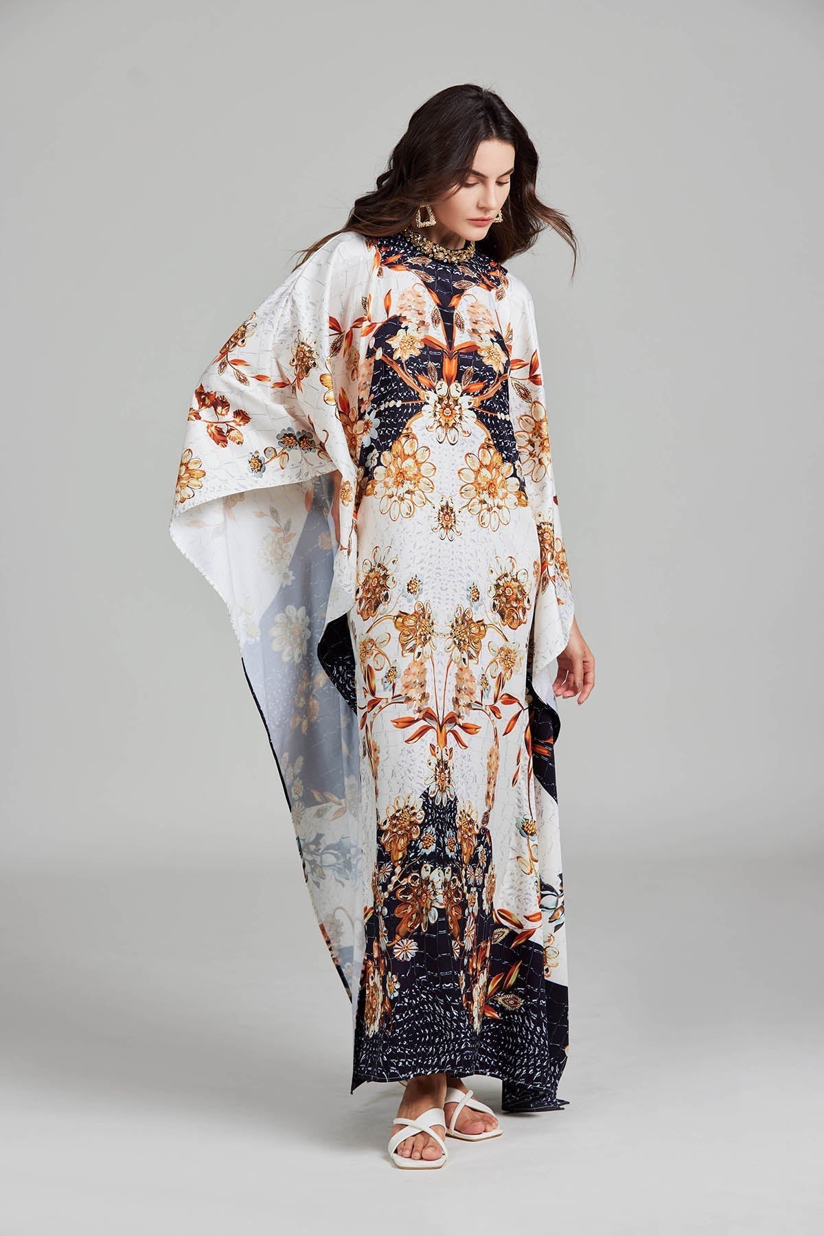 Print Floral Crew Neck With Slit Dress