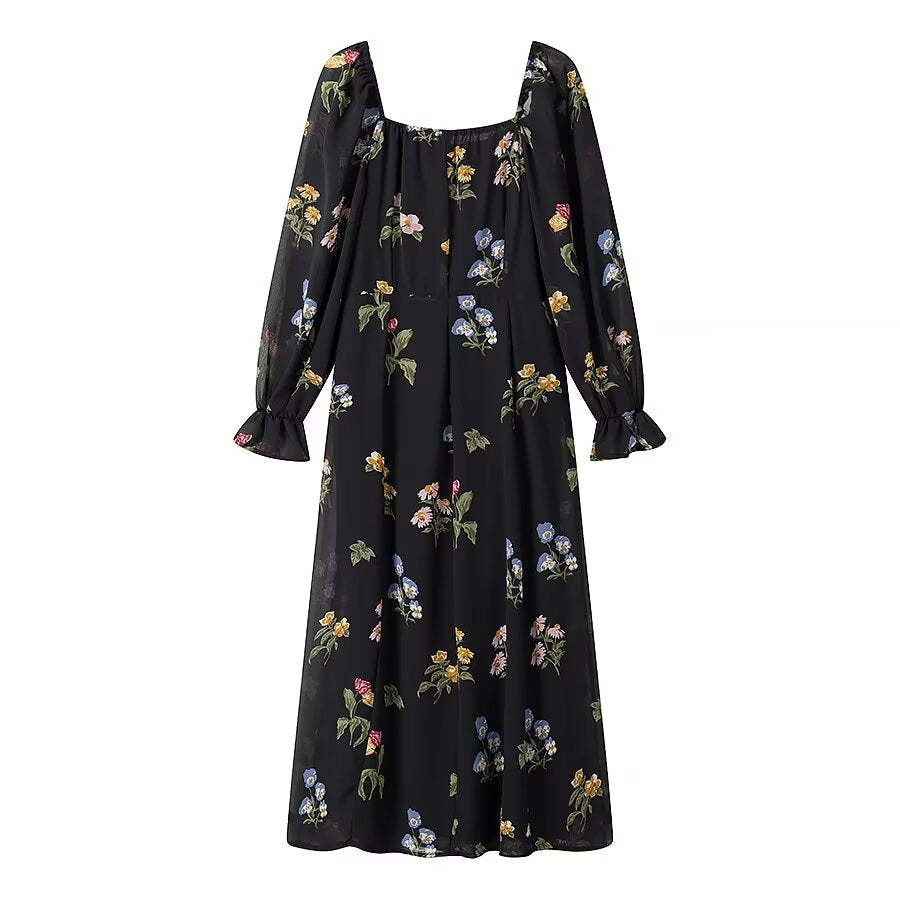 Simple Square Collar Long Sleeve Printing Dress