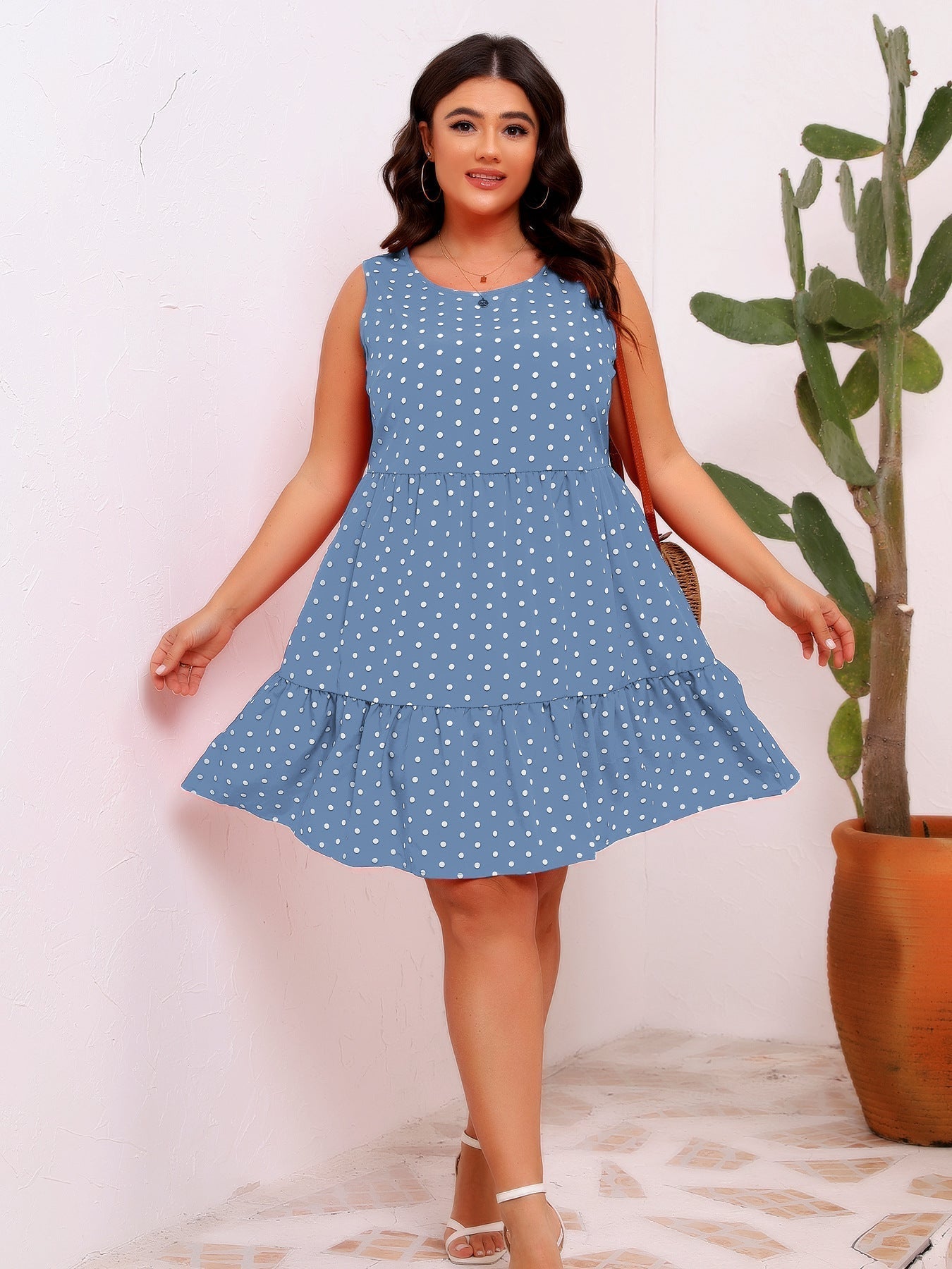 Round Neck Sleeveless Polka Dot Loose Fitting Large Hem Ruffled Dress