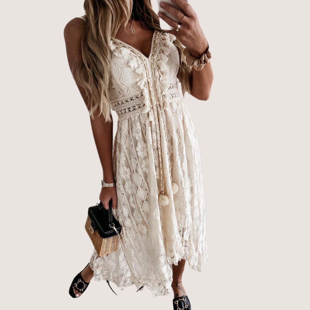 Flavia Exclusive Bohemian Lace Midi Dress with High Low Hem Premium Wardrobe Essential