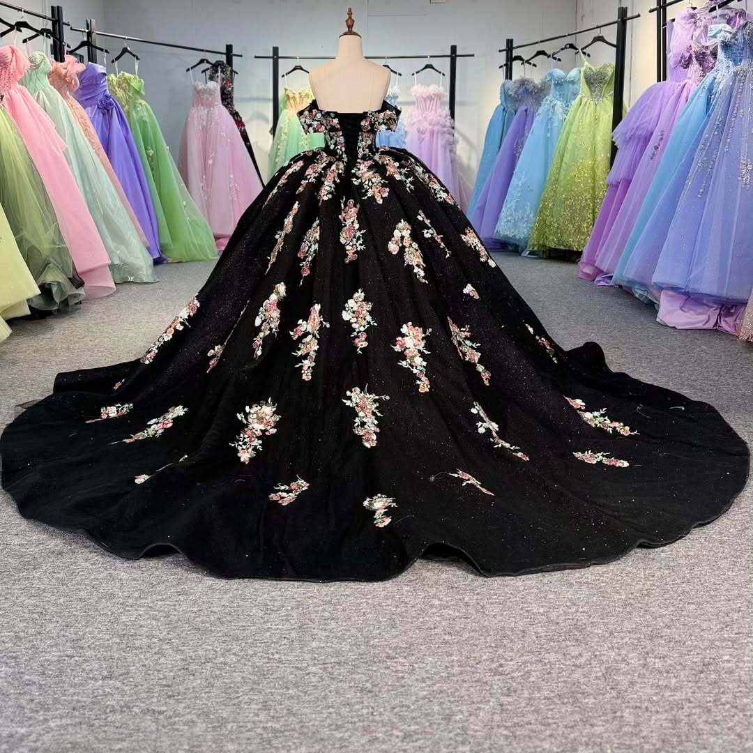 Charming A Line Off the Shoulder Black Ball Gown Quinceanera Dress with Appliques - View 5 | VelvetHem
