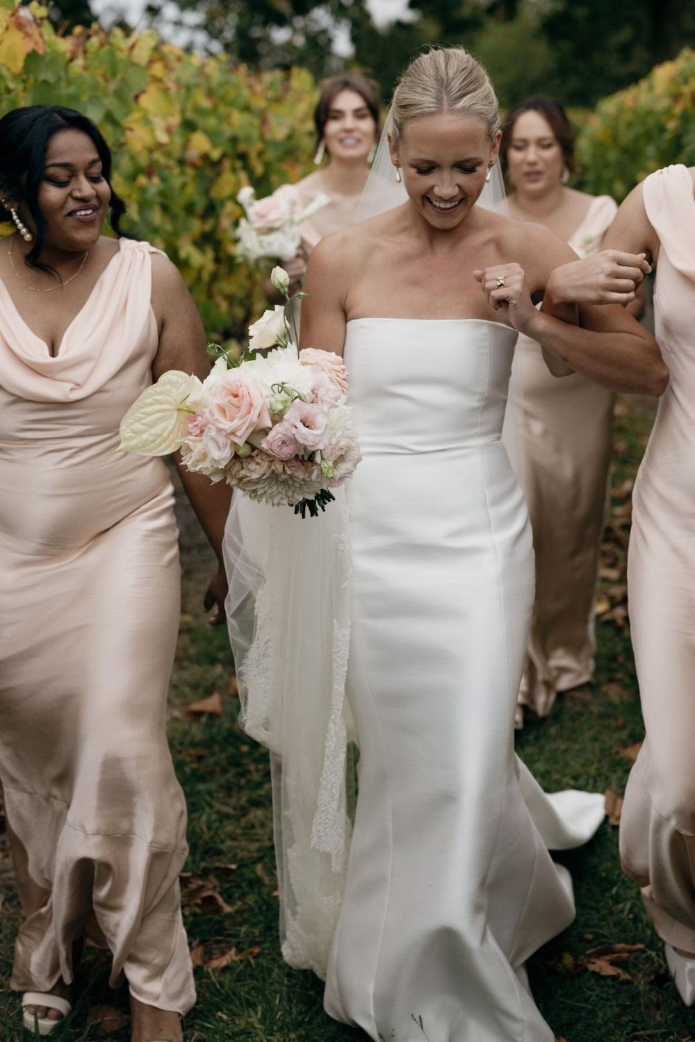 Elegant Mermaid Round Neck Blush Long Bridesmaid Dress with Open Back