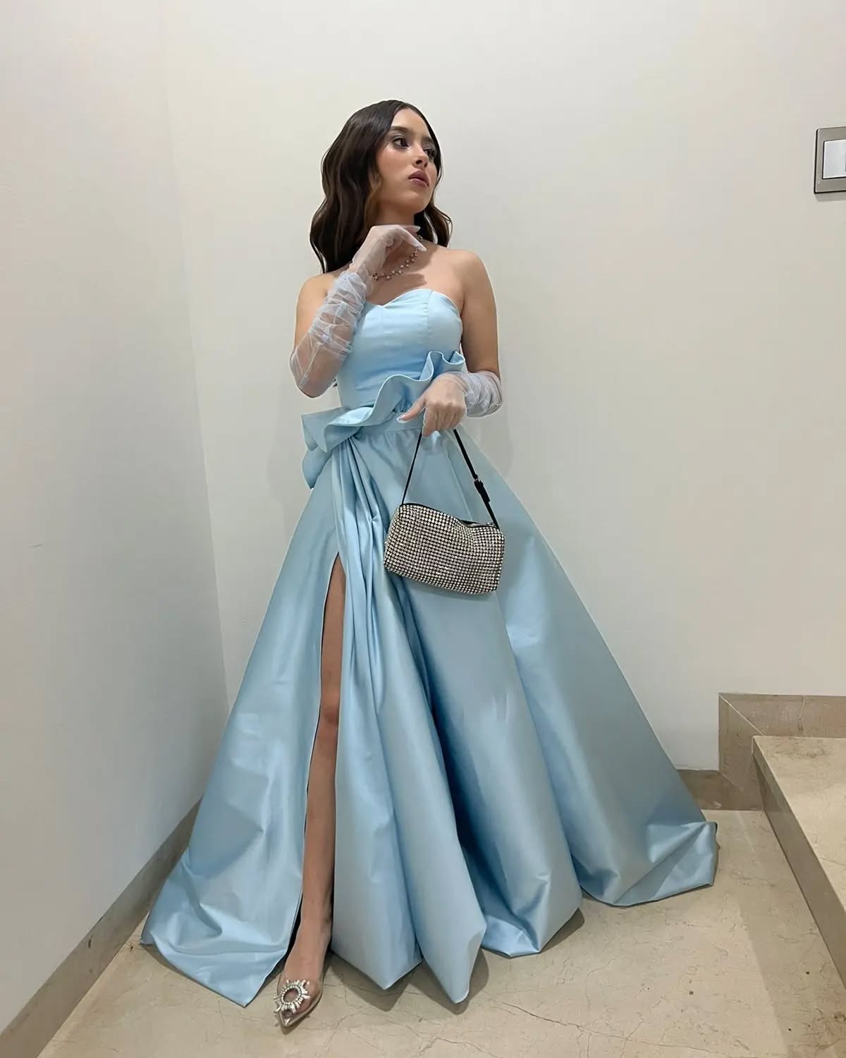 Charming A Line Sweetheart Light Blue Long Prom Dress with Split Front - View 3 | VelvetHem