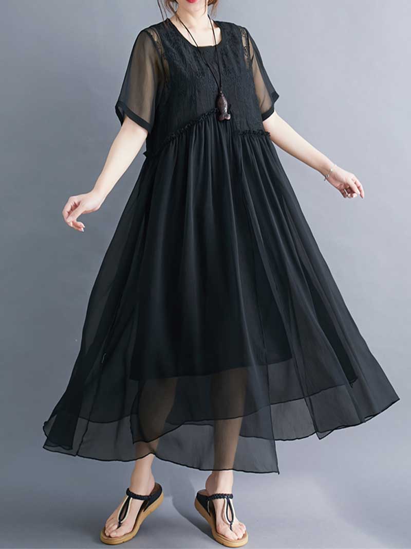 Embroidered Silk Round-Neck A-Line Dress