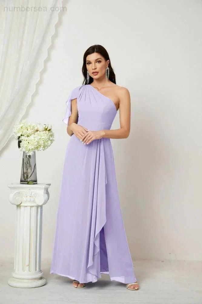 ZapDress Chiffon Ruffled One Shoulder Long Bridesmaid Dresses A-line Formal Evening Gown Side Split 2809 (ZD17049)