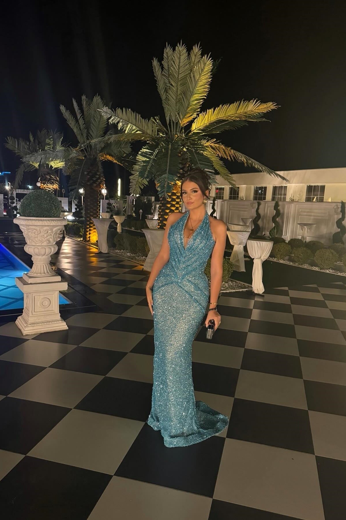Sparkly Mermaid Halter Neck Blue Sequins Long Party Dress with Train - View 3 | VelvetHem