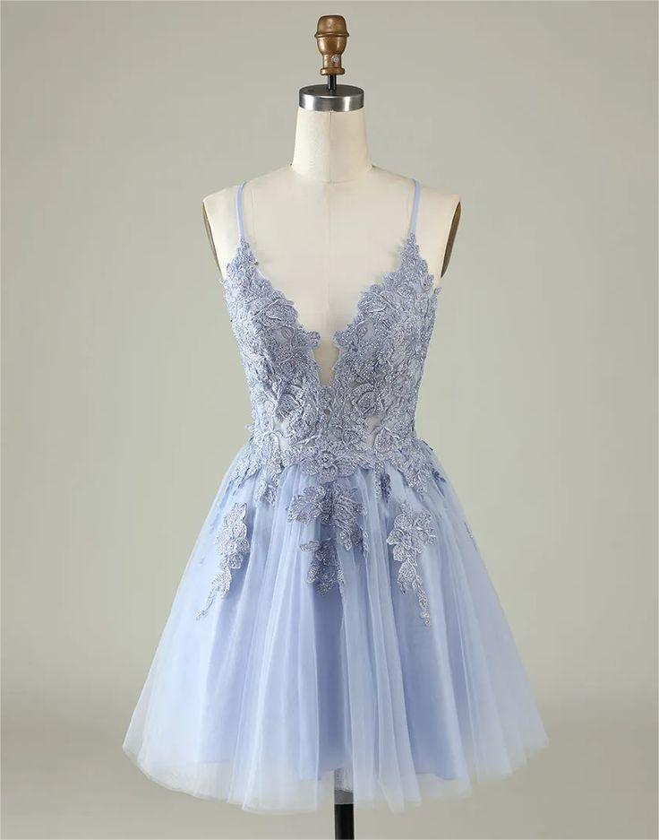 Spaghetti Straps Tulle Appliques Short Backless Prom Dress Party Dress - VelvetHem