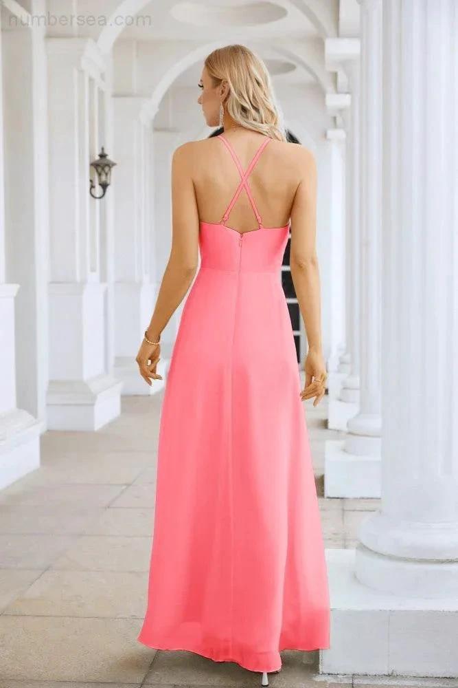 Ladies Chiffon Spaghetti Strap V Neck Front Slit Floor Length Bridesmaid Evening Dress Prom Party Wedding Evening Dress 28116 (ZD17012)