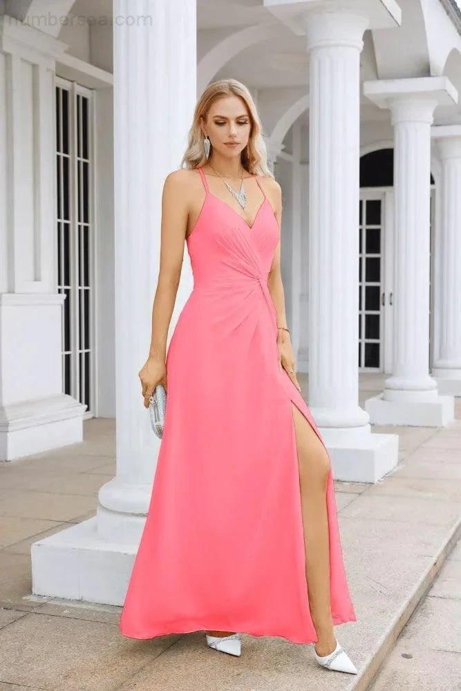Ladies Chiffon Spaghetti Strap V Neck Front Slit Floor Length Bridesmaid Evening Dress Prom Party Wedding Evening Dress 28116 (ZD17012)