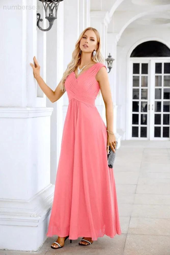 Ladies Chiffon V Neck Sleeveless Floor Length Bridesmaid Evening Dress Wedding Party Evening Dress 28126 (ZD16989)