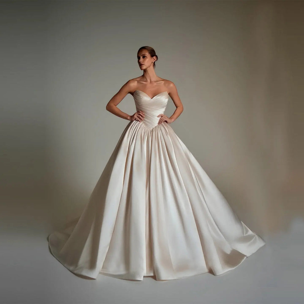 Luxury Champagne Strapless Satin Ball Gown Trailed Wedding Dress ZP144