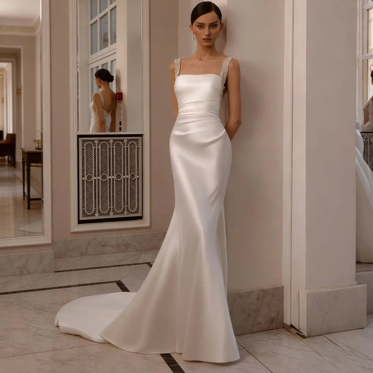 Luxury White Satin Beaded Overlay Mermaid Train Wedding Dress ZP130 - VelvetHem