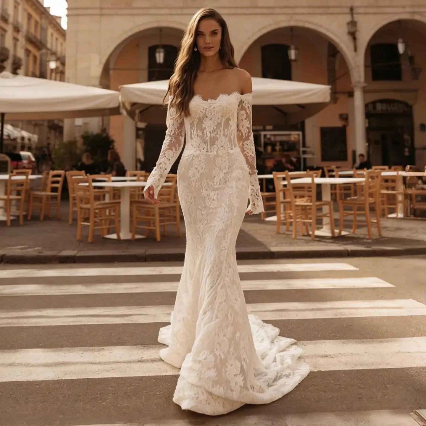 Romantic Ivory Off-the-Shoulder Lace Mermaid Wedding Dress with Tulle Overlay ZP132