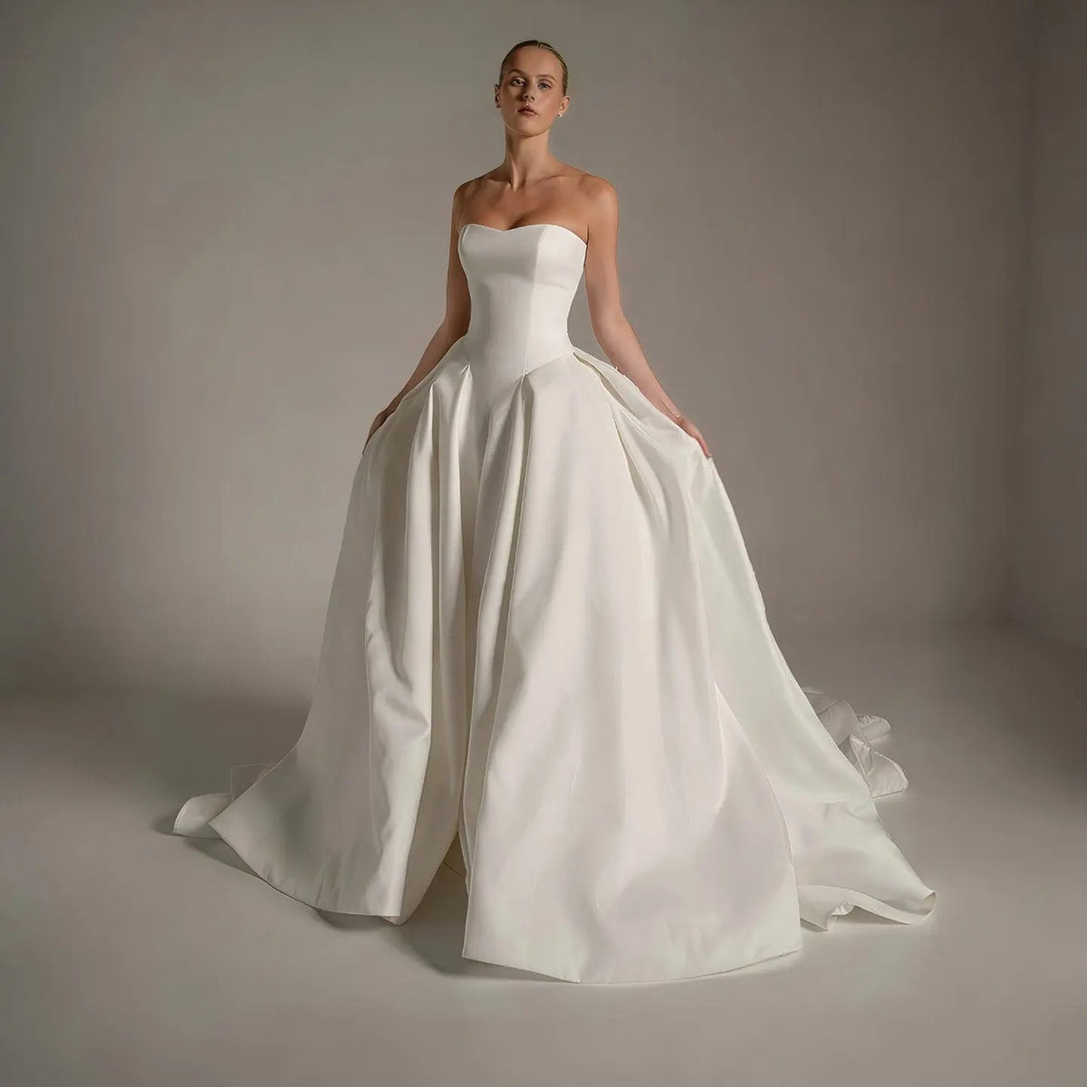 Luxury White Spaghetti Strap Beaded Satin Ball Gown Wedding Dress ZP139 - VelvetHem