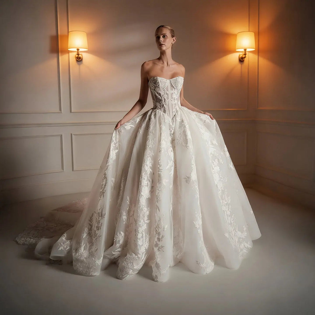 Luxury Ivory Strapless Floral Embroidery Ball Gown Wedding Dress with Veil ZP137 - VelvetHem