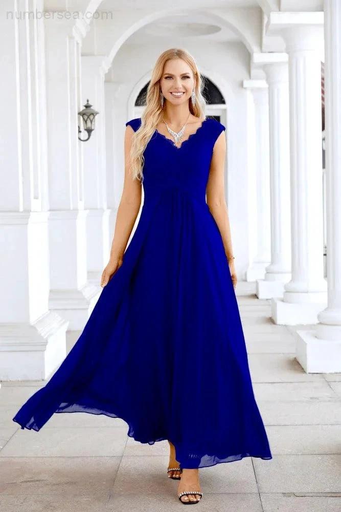 Ladies Chiffon V Neck Sleeveless Floor Length Bridesmaid Evening Dress Wedding Party Evening Dress 28126 (ZD16989)