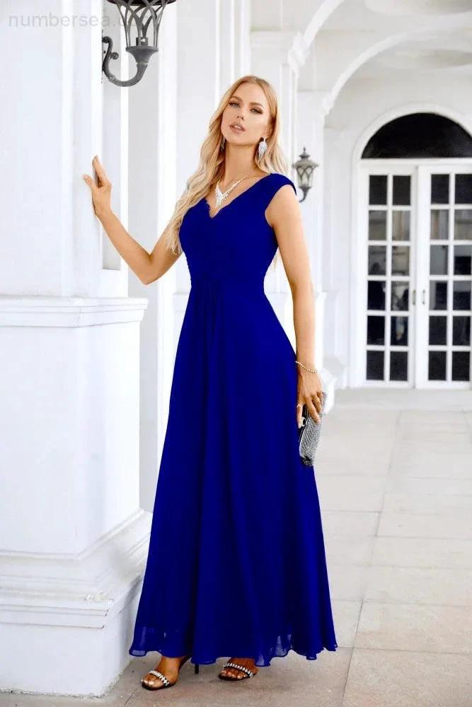 Ladies Chiffon V Neck Sleeveless Floor Length Bridesmaid Evening Dress Wedding Party Evening Dress 28126 (ZD16989)
