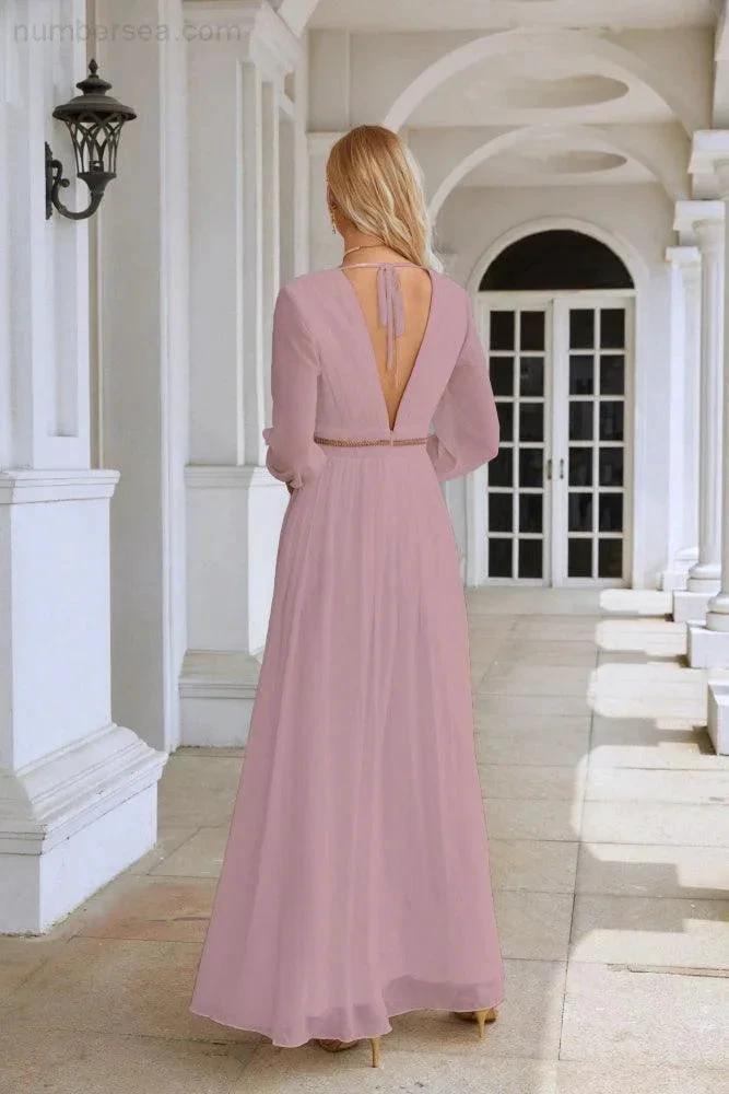Ladies V Neck Chiffon Long Sleeve Front Slit Bridesmaid Evening Dress Wedding Party Shopping Evening Dress 28109 (ZD16991)