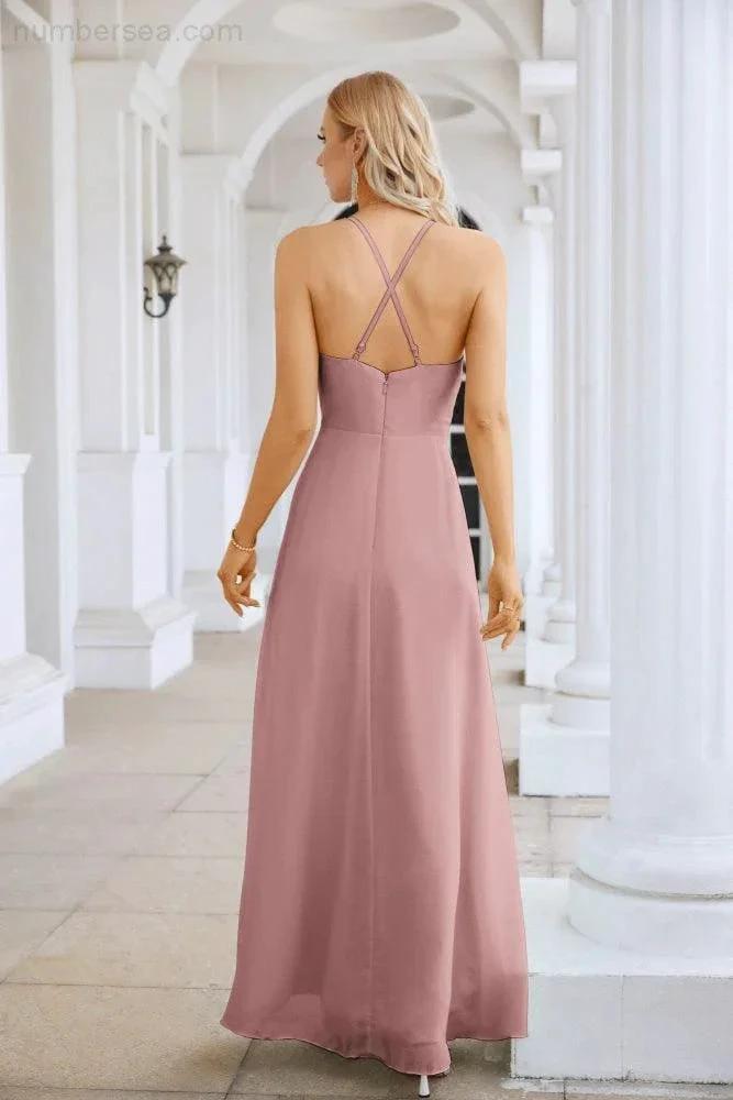 Ladies Chiffon Spaghetti Strap V Neck Front Slit Floor Length Bridesmaid Evening Dress Prom Party Wedding Evening Dress 28116 (ZD17012)