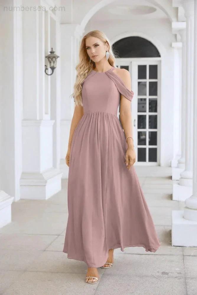 Ladies Chiffon Off Shoulder Swing Sleeve Front Slit Bridesmaid Evening Dress Wedding Party Evening Dress 28117 (ZD17011)