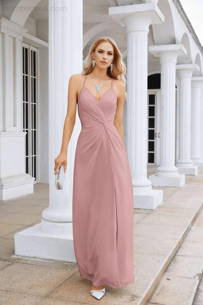 Ladies Chiffon Spaghetti Strap V Neck Front Slit Floor Length Bridesmaid Evening Dress Prom Party Wedding Evening Dress 28116 (ZD17012)