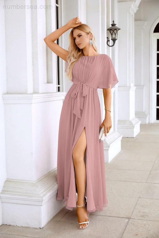 Ladies Chiffon Sleeve Crew Neck Front Slit Floor Length Bridesmaid Evening Dress Wedding Party Evening Dress 28124 (ZD17007)