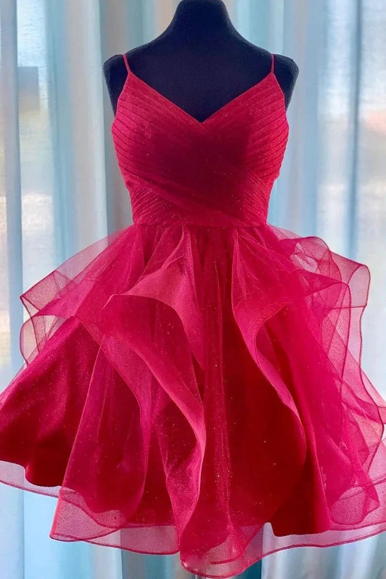 Chic Spaghetti-straps V-neck Short Homecoming Dresses With Ruffles (ZD11503) - VelvetHem