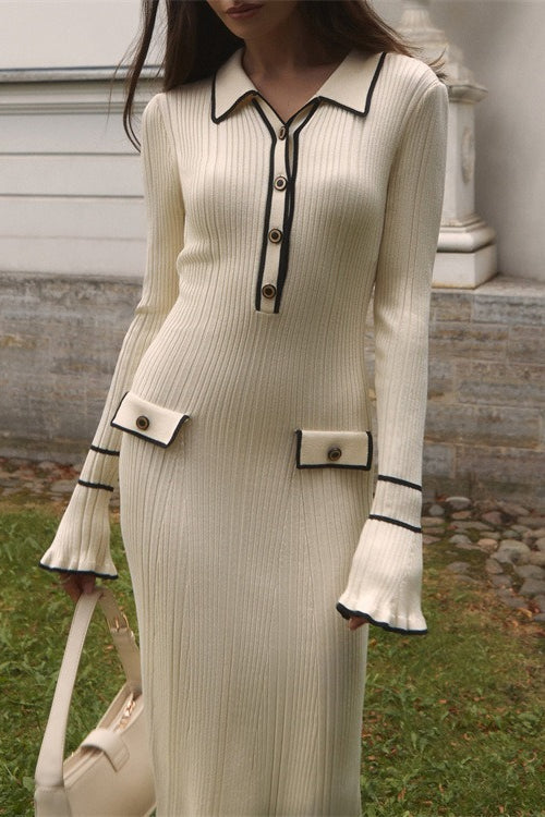 Chic Ruffled Collar Slim-Fit Knit Midi Sweater Dress - VelvetHem