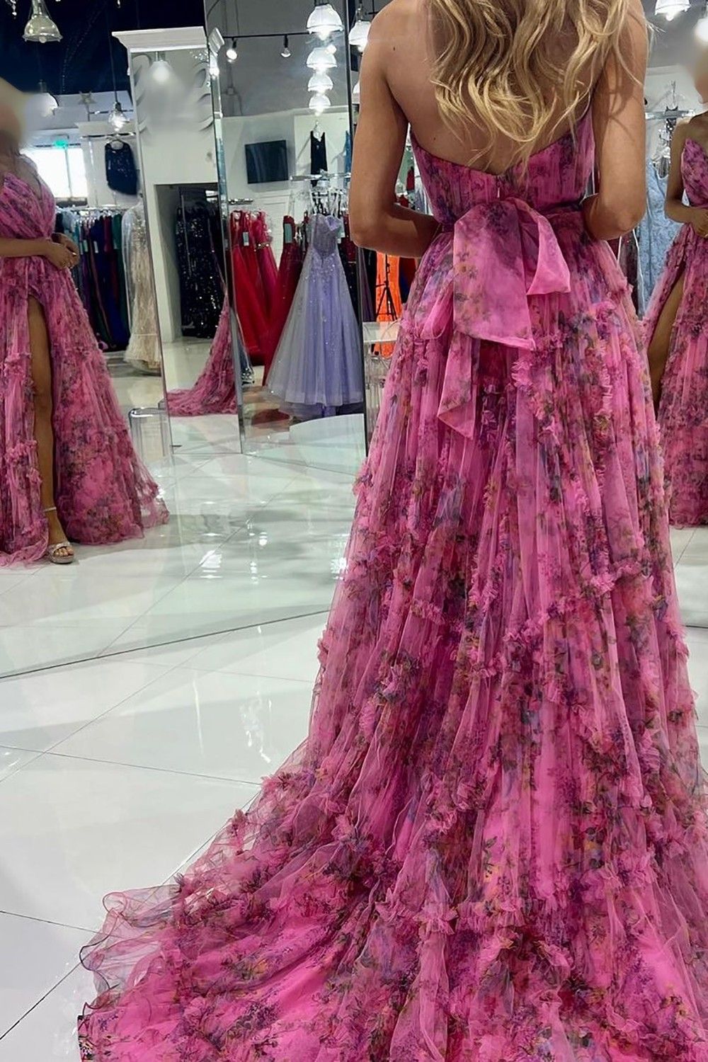 Charming A Line Sweetheart Pink Floral Printed Long Prom Dress - View 4 | VelvetHem