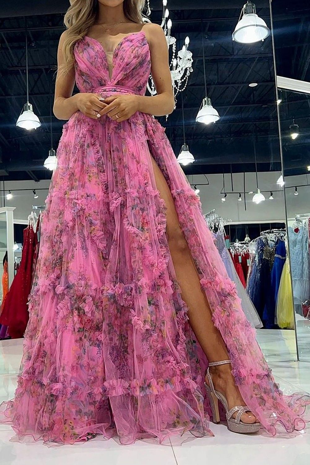 Charming A Line Sweetheart Pink Floral Printed Long Prom Dress - View 3 | VelvetHem