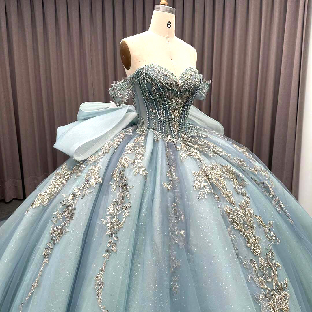 Luxurious A Line Off the Shoulder Light Blue Quinceanera Dress with Beading Bowknot - View 6 | VelvetHem