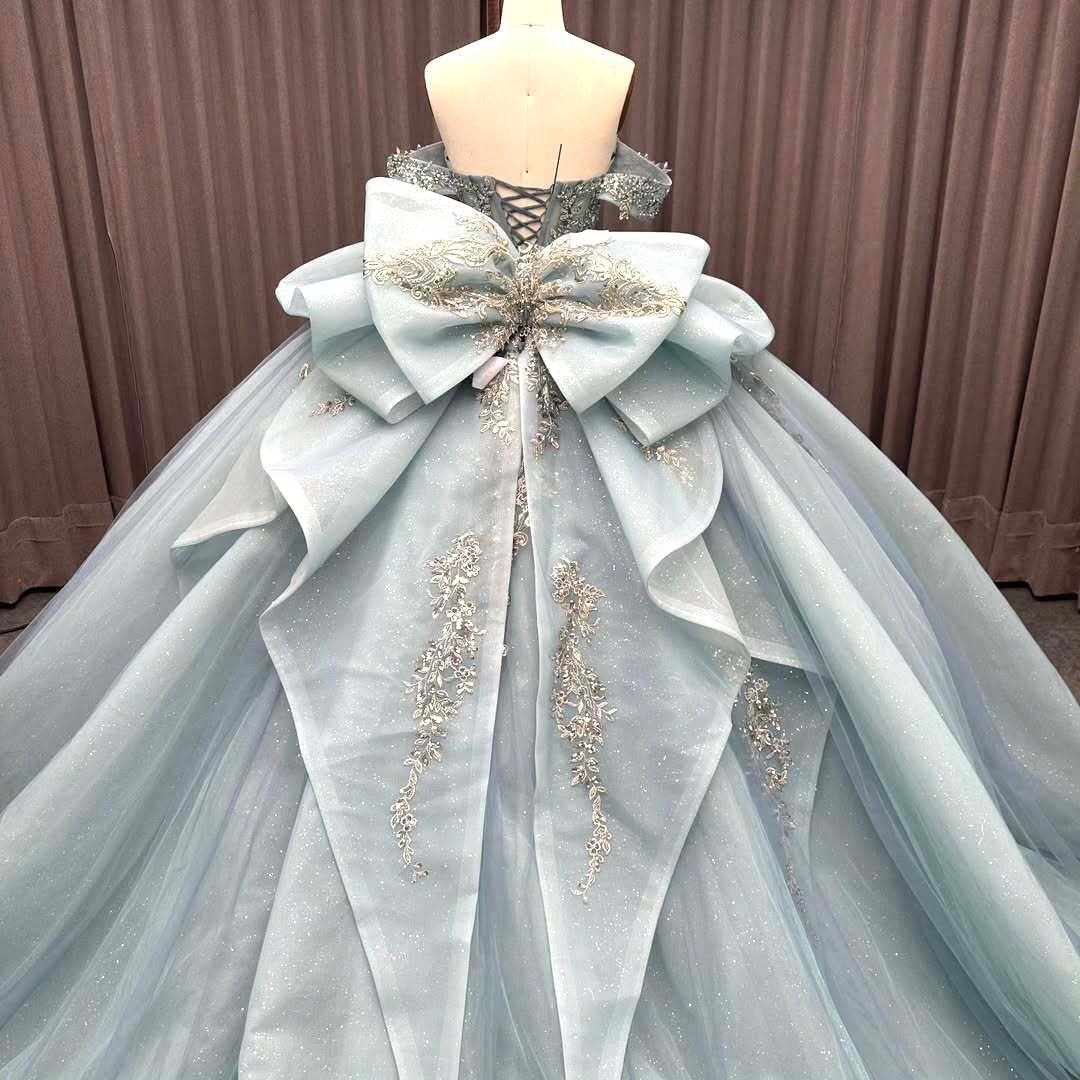Luxurious A Line Off the Shoulder Light Blue Quinceanera Dress with Beading Bowknot - View 2 | VelvetHem