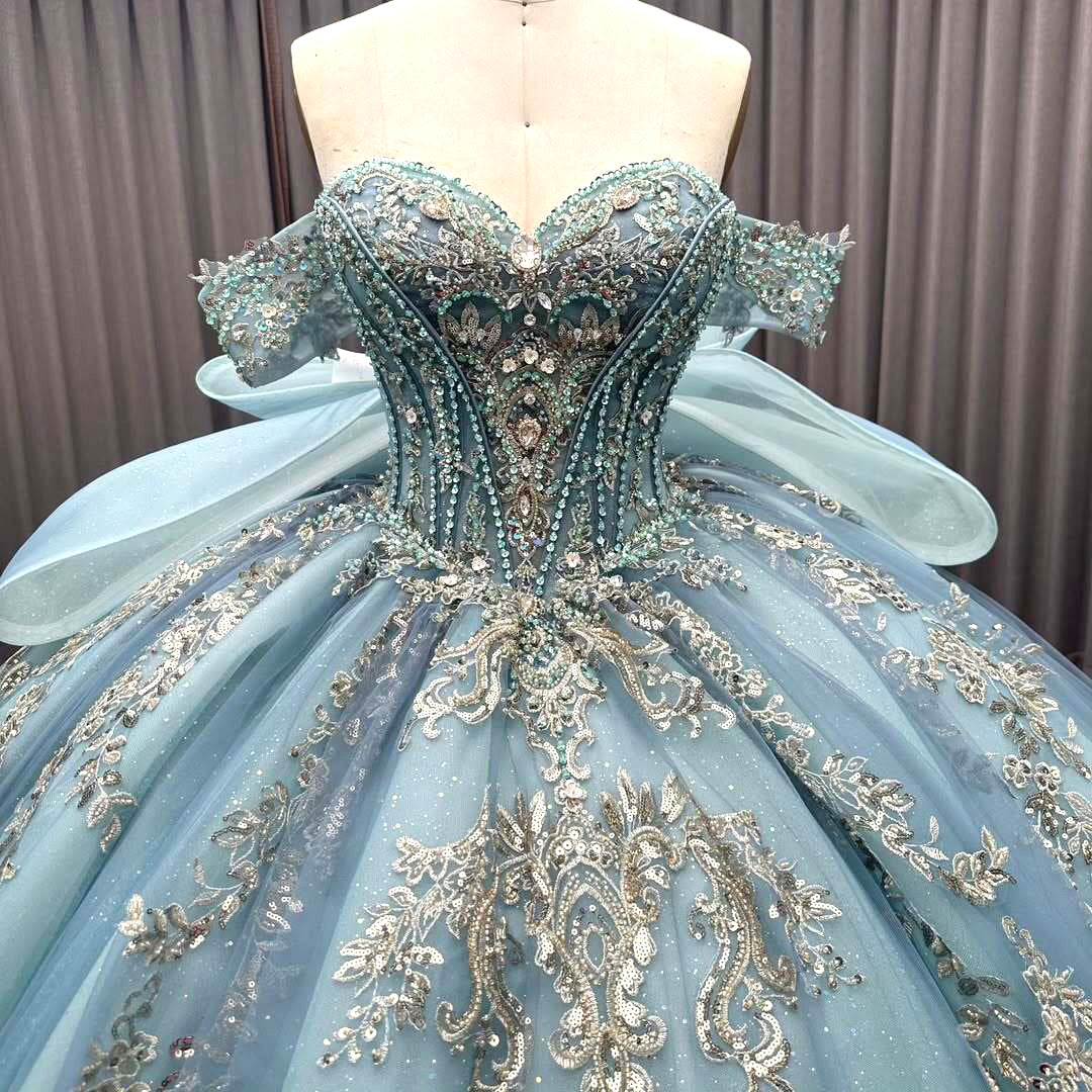 Luxurious A Line Off the Shoulder Light Blue Quinceanera Dress with Beading Bowknot - View 3 | VelvetHem