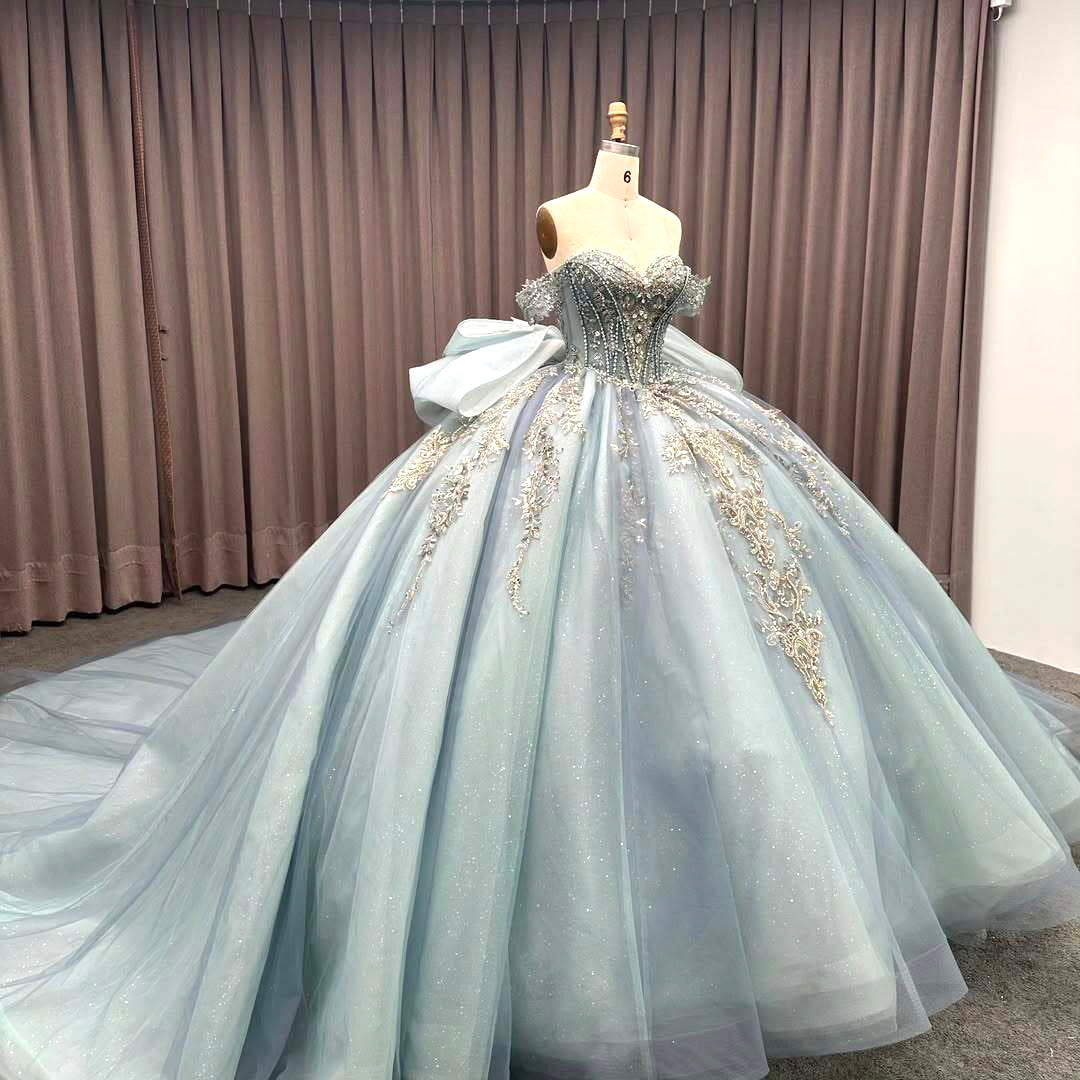 Luxurious A Line Off the Shoulder Light Blue Quinceanera Dress with Beading Bowknot - View 7 | VelvetHem
