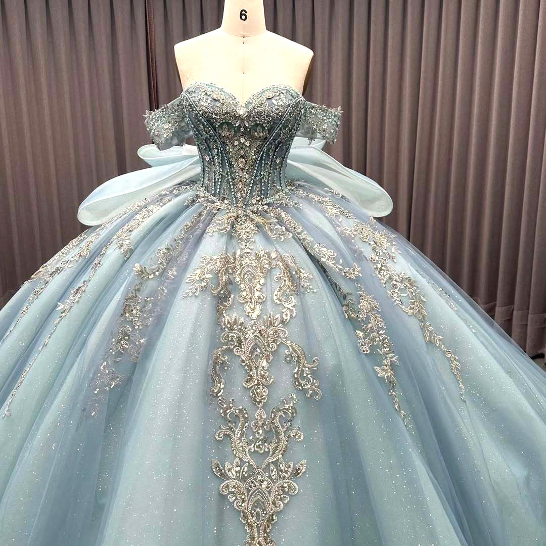 Luxurious A Line Off the Shoulder Light Blue Quinceanera Dress with Beading Bowknot - View 5 | VelvetHem