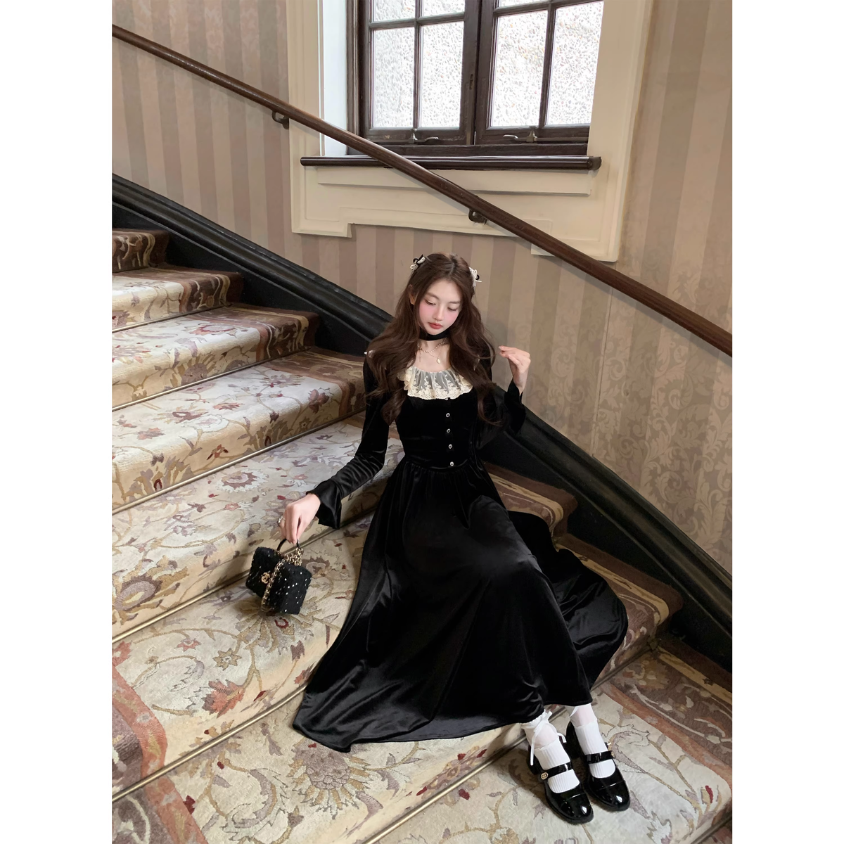 Lace-trimmed long dress A67 - VelvetHem