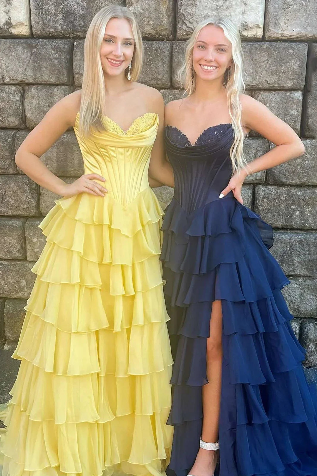 Stunning A-Line Sweetheart Satin Top Long Tiered Chiffon Prom Dress with Slit