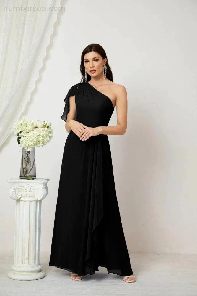 ZapDress Chiffon Ruffled One Shoulder Long Bridesmaid Dresses A-line Formal Evening Gown Side Split 2809 (ZD17049)