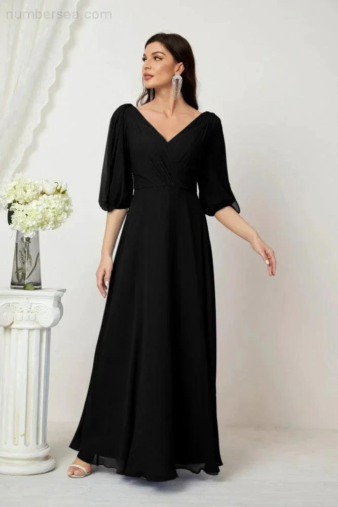 ZapDress Formal Prom Gown Women V-Neck Chiffon Bridesmaid Dresses Long Bishop Sleeve Party Dress 2807 (ZD17027)