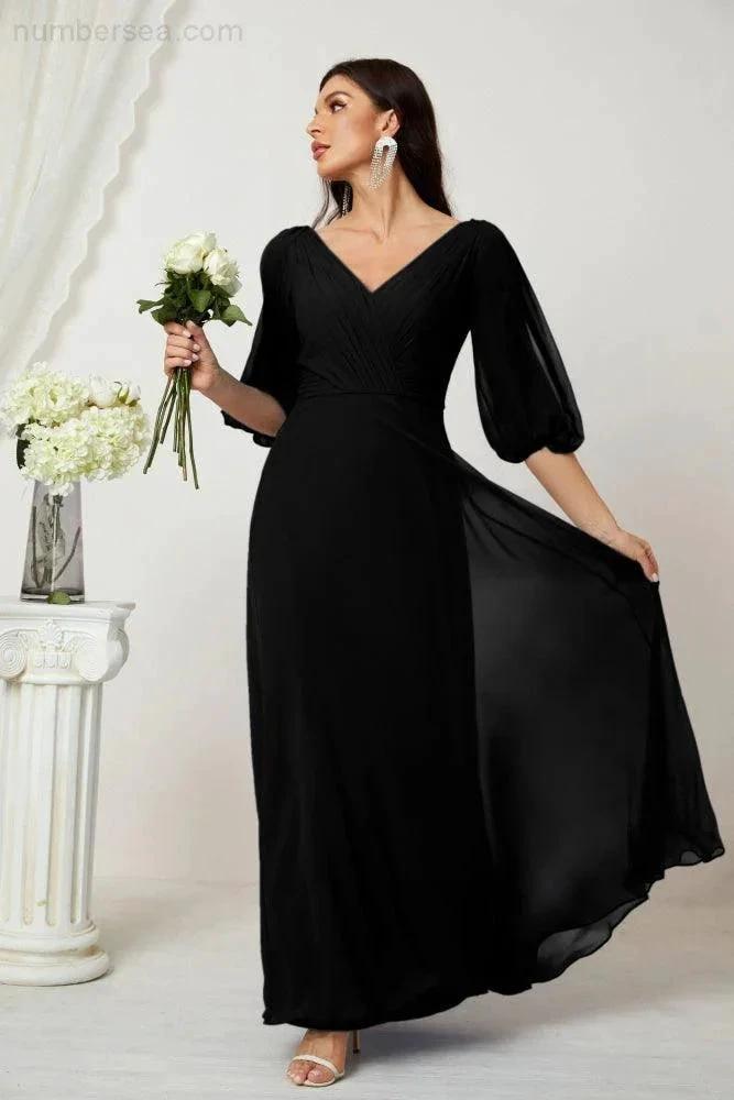 ZapDress Formal Prom Gown Women V-Neck Chiffon Bridesmaid Dresses Long Bishop Sleeve Party Dress 2807 (ZD17027)