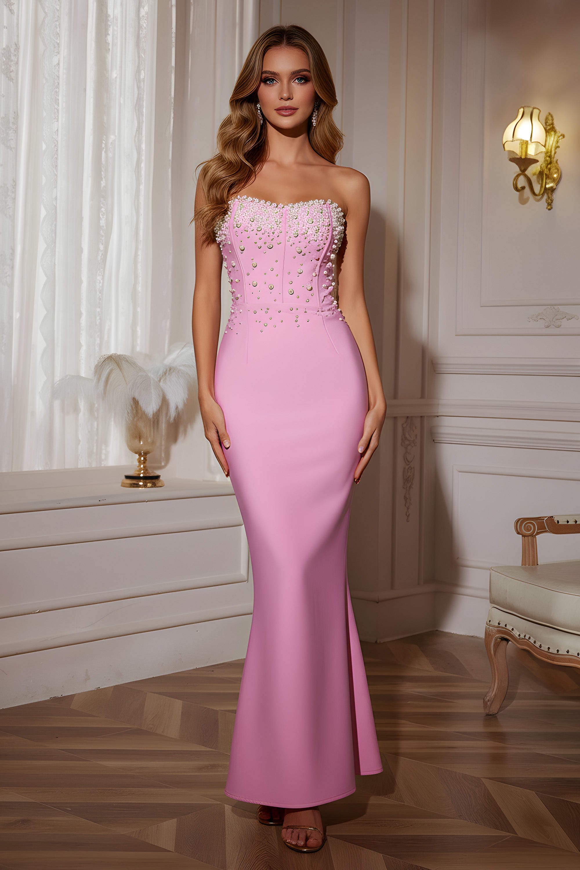 Strapless Pearl Embellished Corset Style Maxi Mermaid Evening Dress