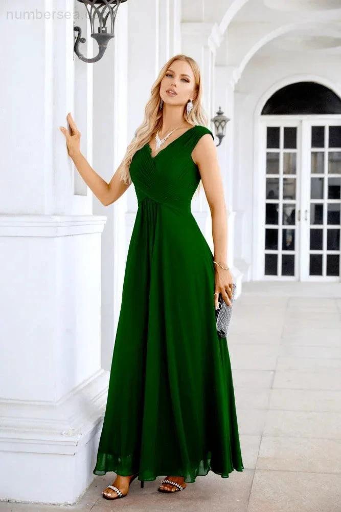 Ladies Chiffon V Neck Sleeveless Floor Length Bridesmaid Evening Dress Wedding Party Evening Dress 28126 (ZD16989)
