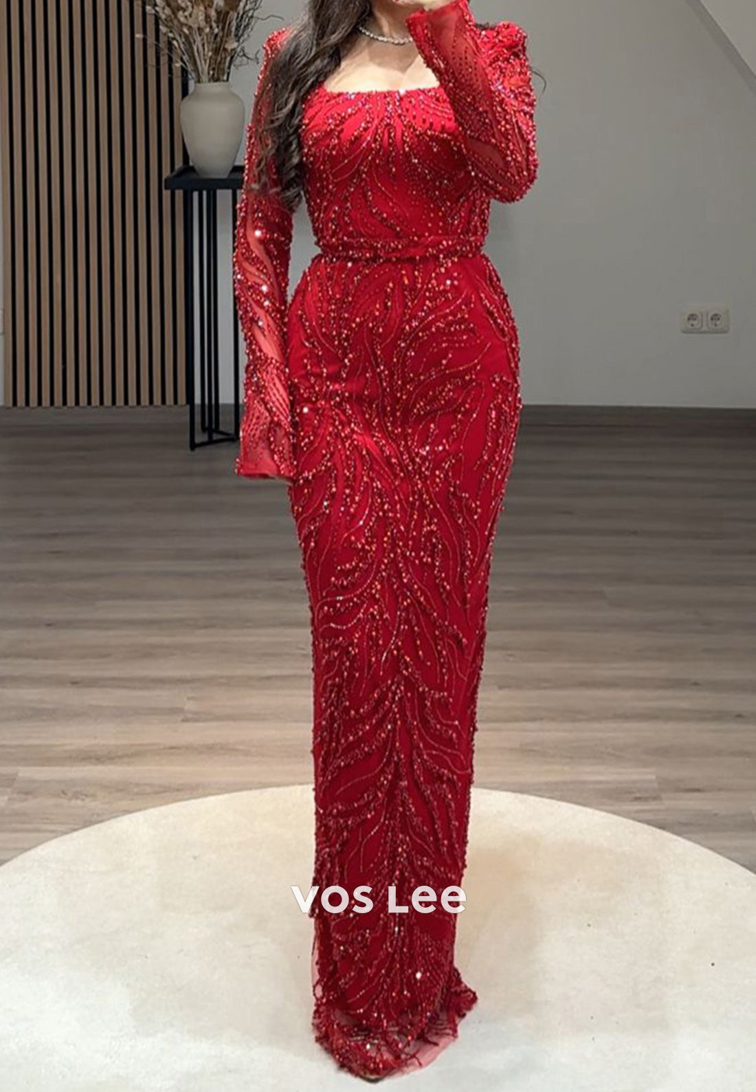 Full Beaded Square Evening Dress Long Sleeves Sheath Formal Party Gown - VelvetHem