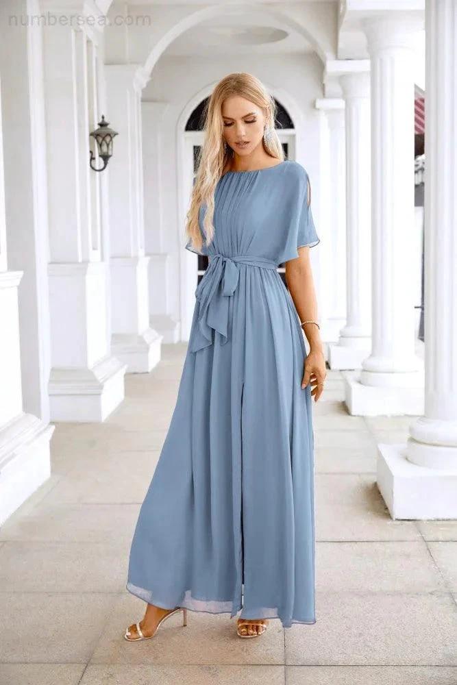 Ladies Chiffon Sleeve Crew Neck Front Slit Floor Length Bridesmaid Evening Dress Wedding Party Evening Dress 28124 (ZD17007)