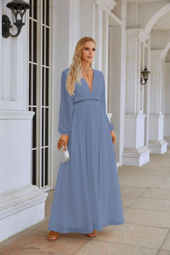 Ladies V Neck Chiffon Long Sleeve Front Slit Bridesmaid Evening Dress Wedding Party Shopping Evening Dress 28109 (ZD16991)