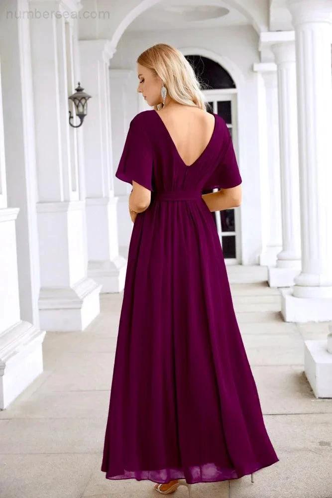 Ladies Chiffon Sleeve Crew Neck Front Slit Floor Length Bridesmaid Evening Dress Wedding Party Evening Dress 28124 (ZD17007)